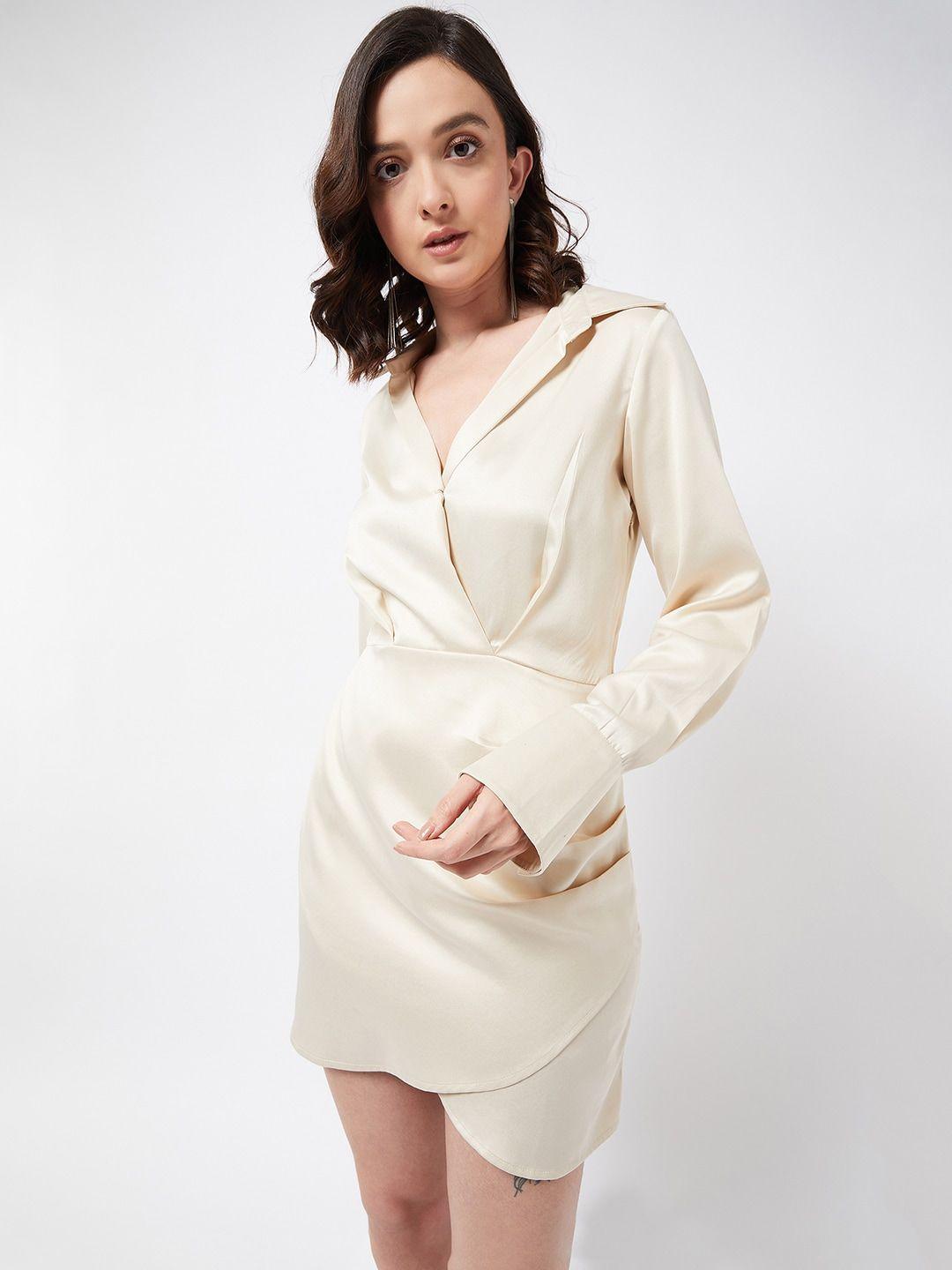 magre cream-coloured shirt collar cuffed sleeves gathered wrap dress