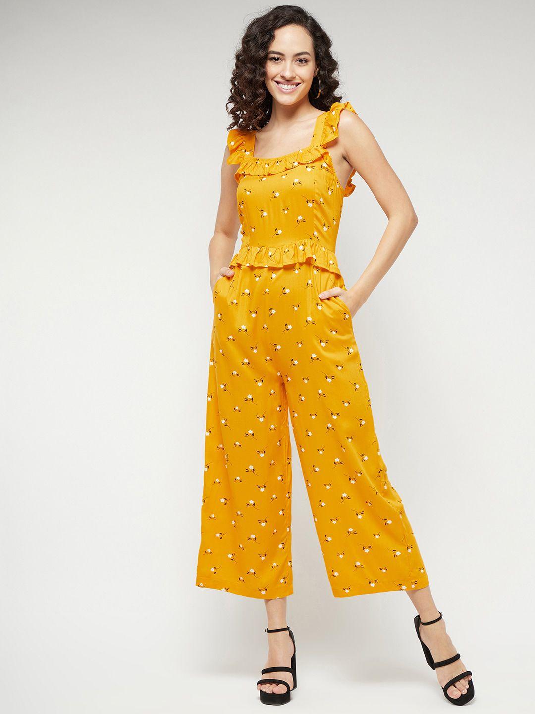 magre mustard yellow printed square neck jumpsuit