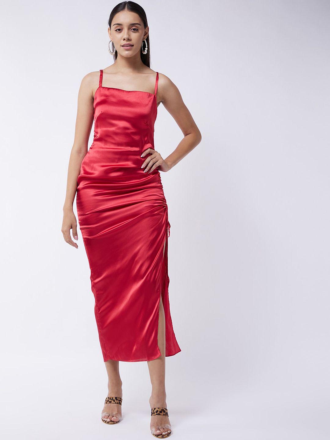 magre red satin front slit sheath dress