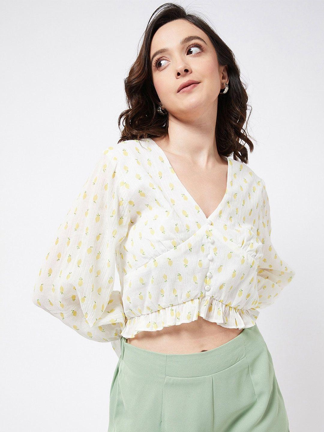 magre white & alabaster floral print puff sleeve georgette blouson crop top