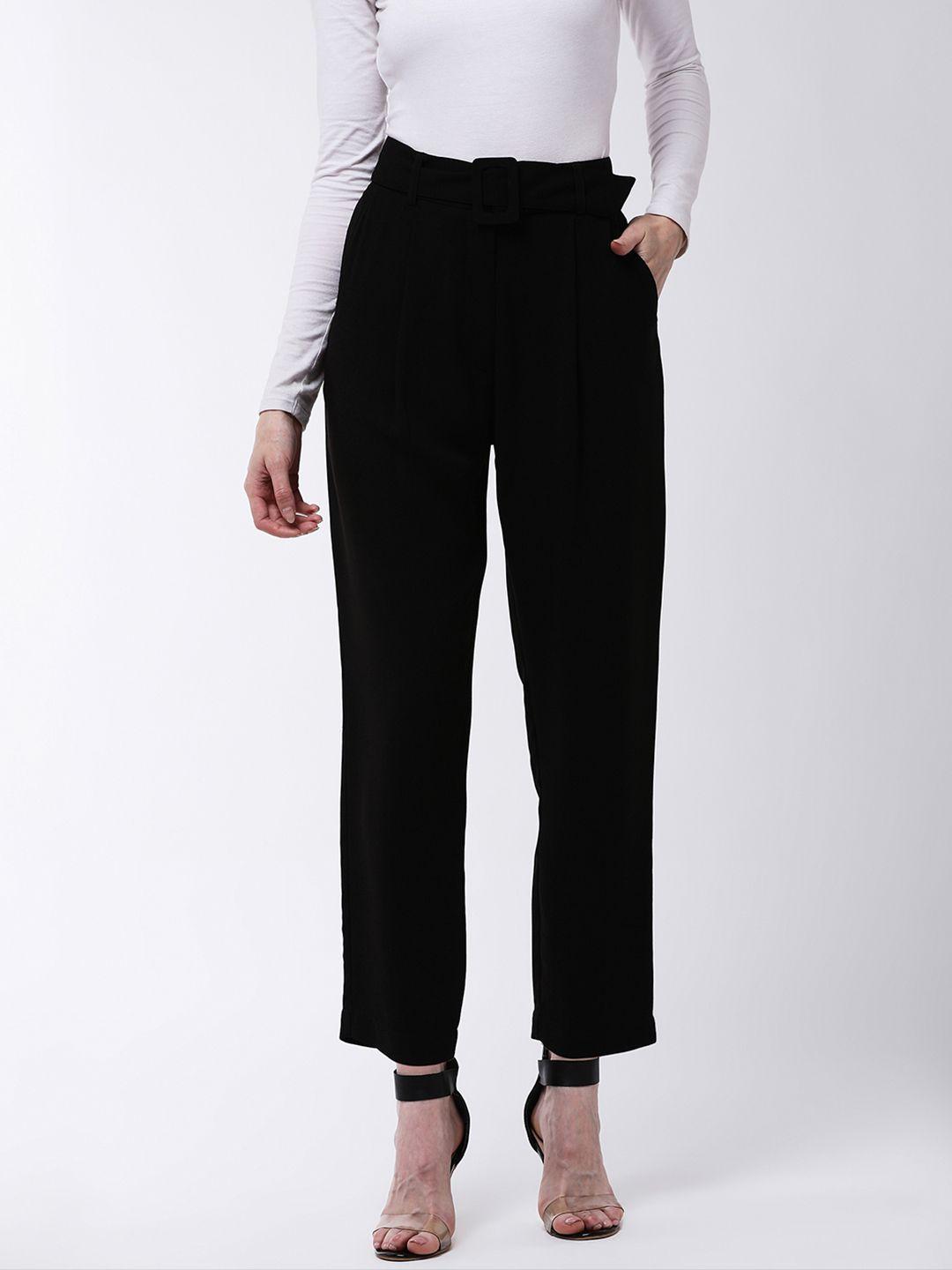 magre women black regular fit solid peg trousers