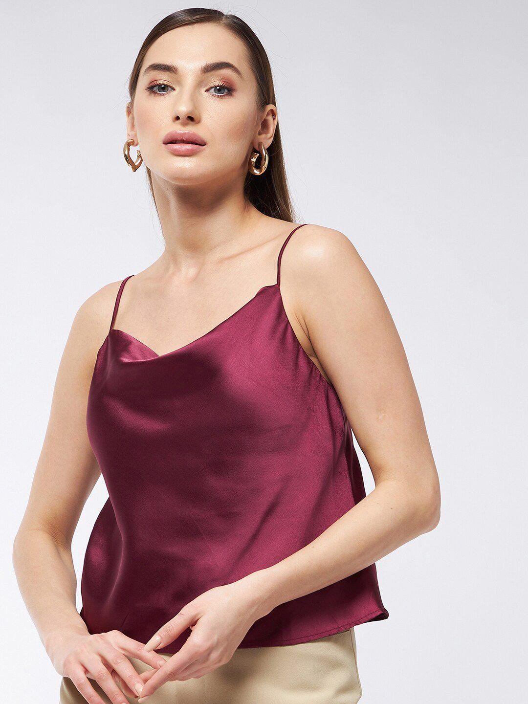 magre women burgundy solid satin top