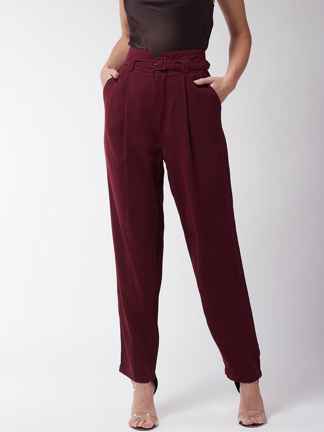 magre women maroon regular fit solid peg trousers