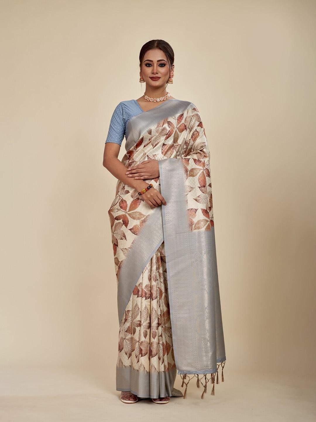 mahalasa beige floral embroidered silk cotton saree