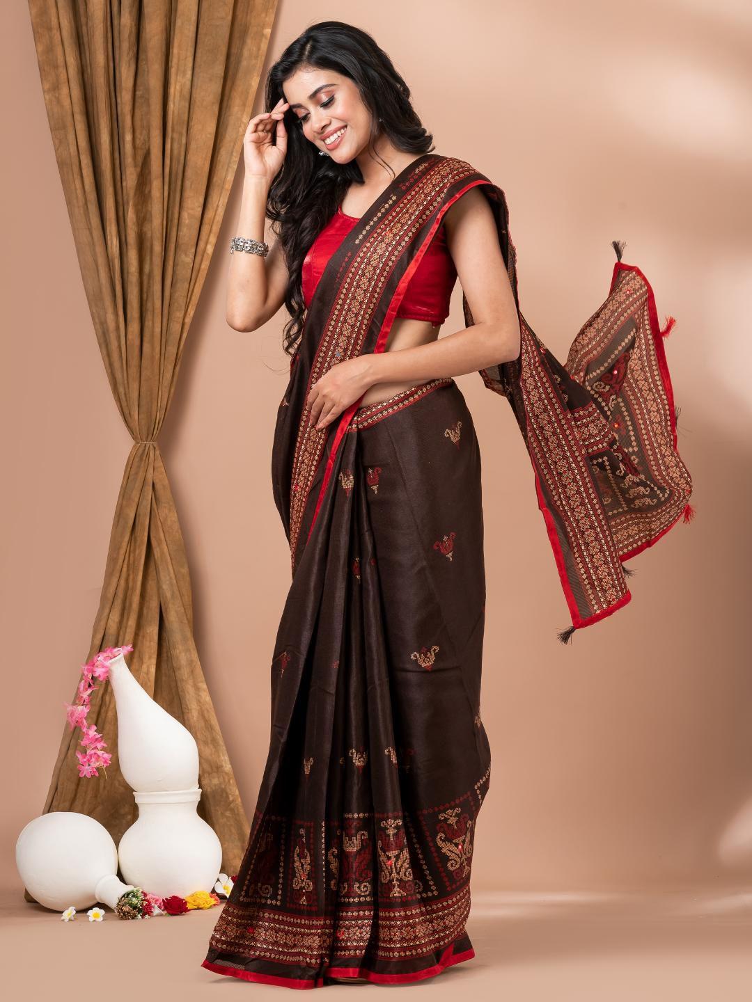 mahalasa coffee brown floral embroidered jute silk saree
