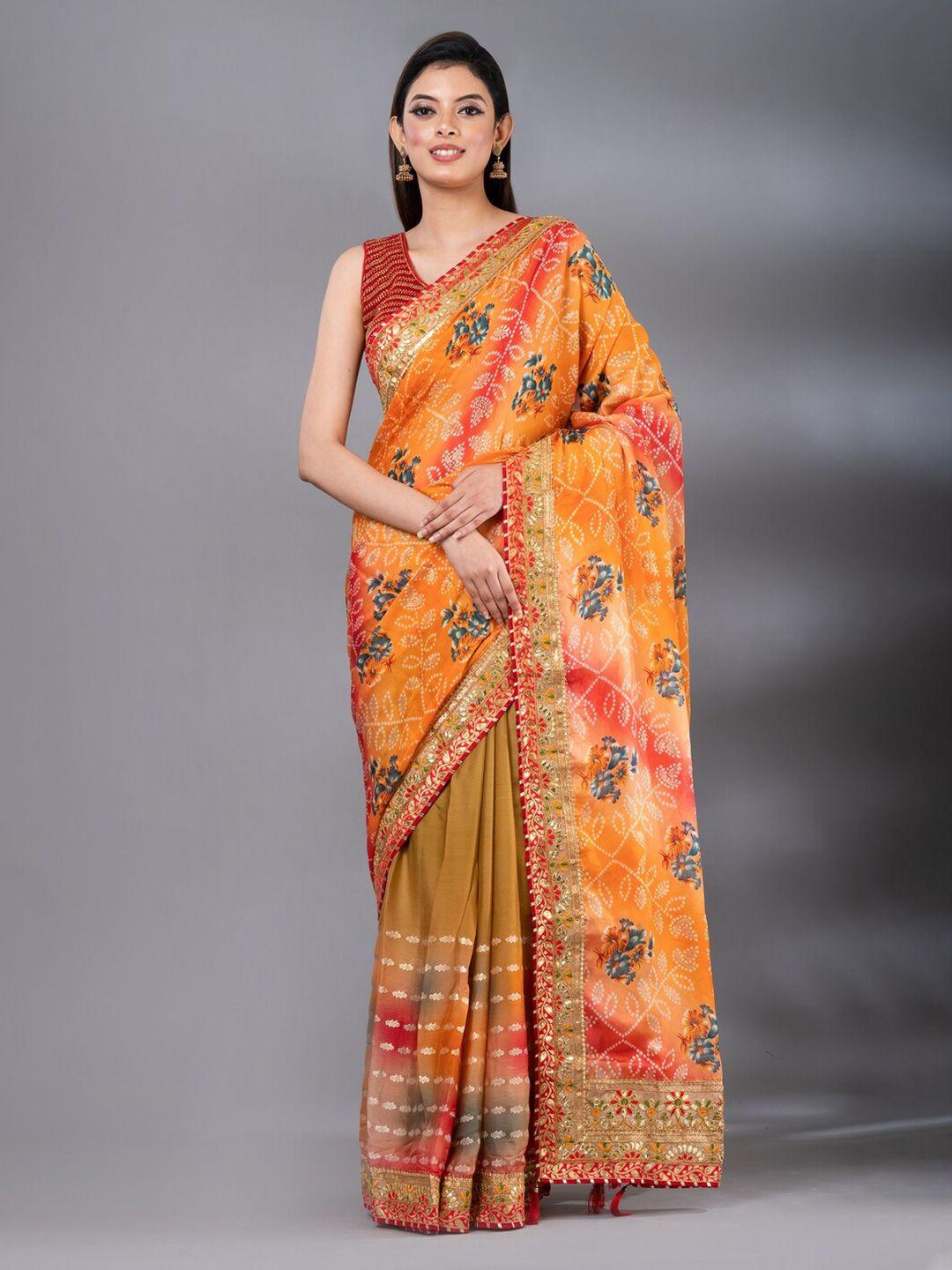 mahalasa beige & orange bandhani embroidered art silk bandhani saree