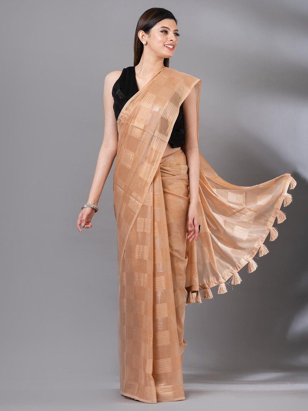 mahalasa beige checked embroidered organza saree