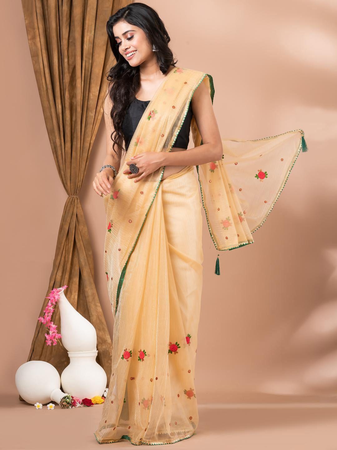 mahalasa beige floral embroidered organza saree