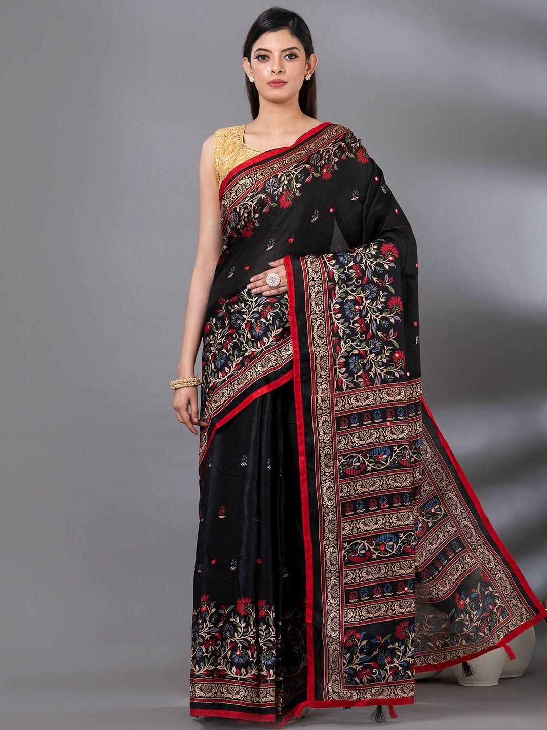 mahalasa black floral embroidered jute cotton saree