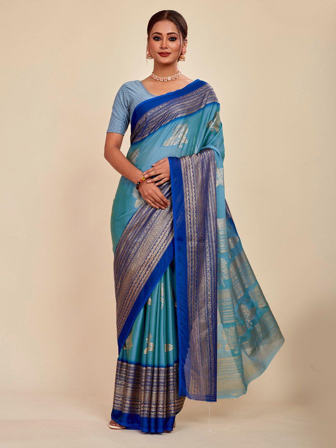 mahalasa blue & gold-toned floral pure cotton saree