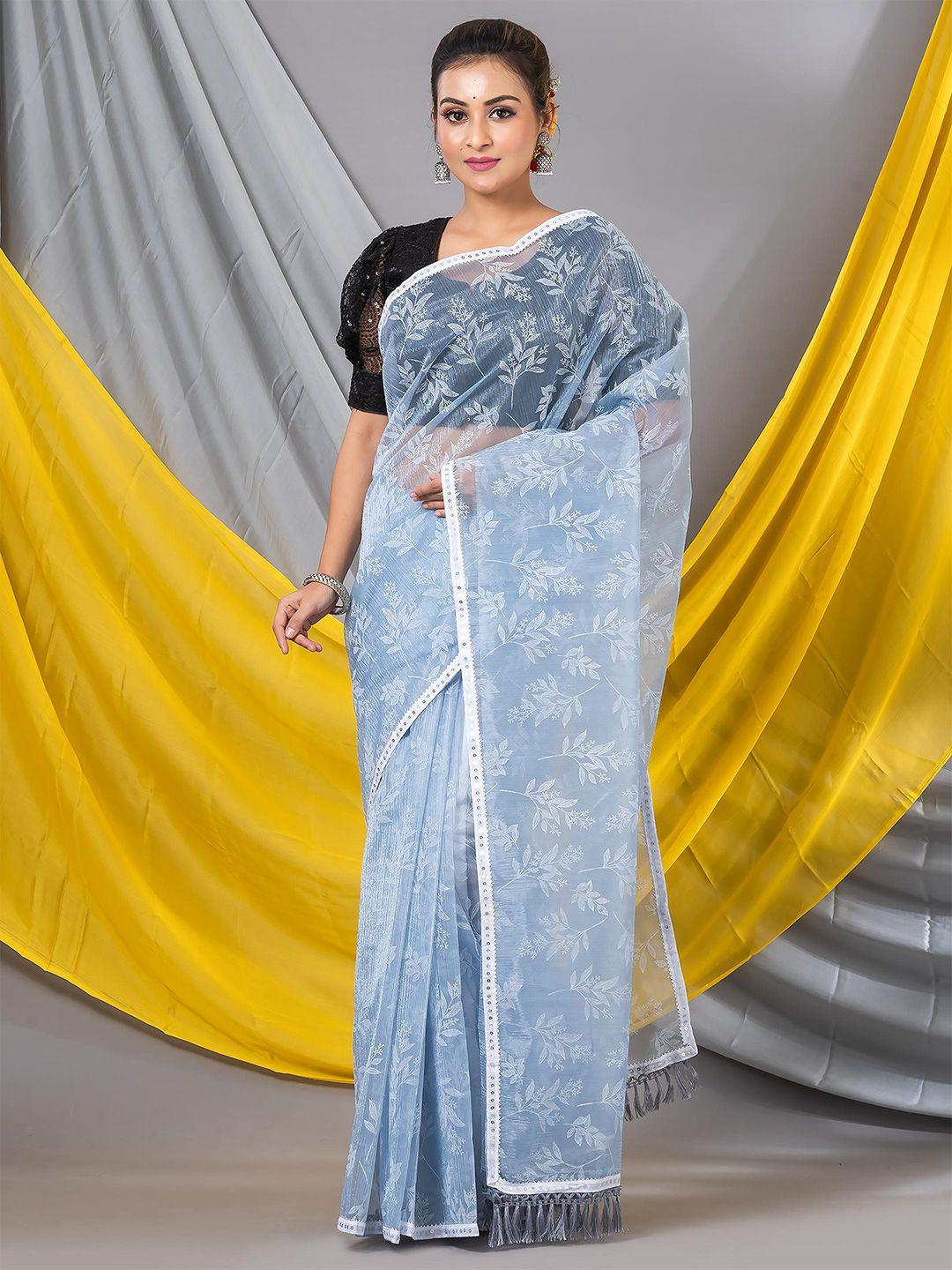 mahalasa floral printed sequinned embellished pure chiffon saree