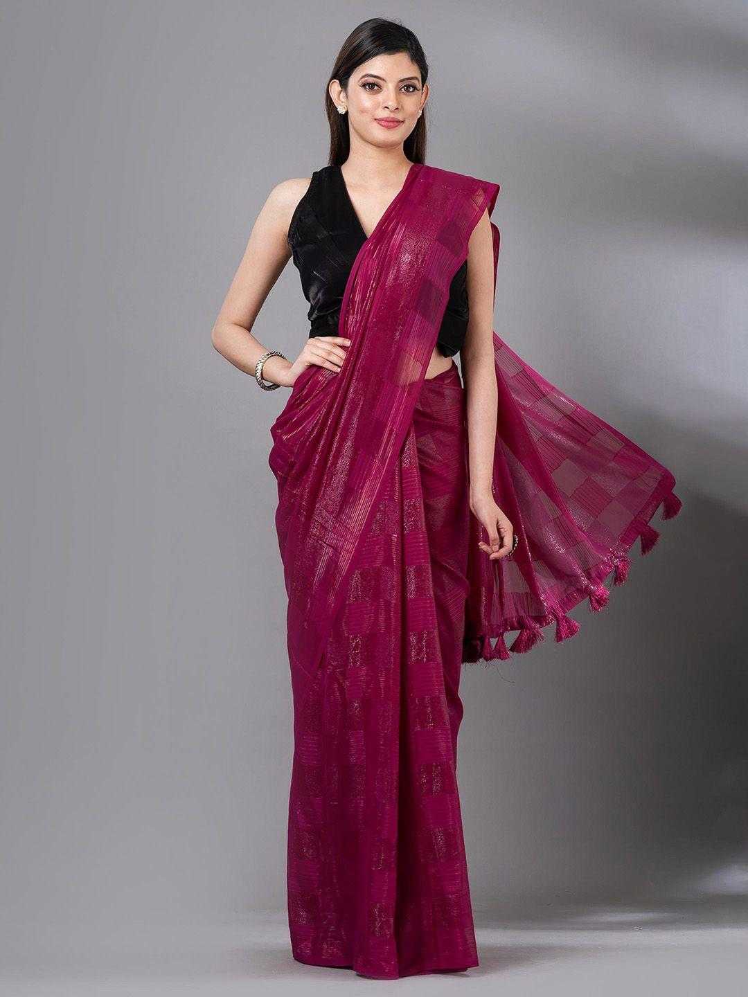 mahalasa magenta checked embroidered organza saree