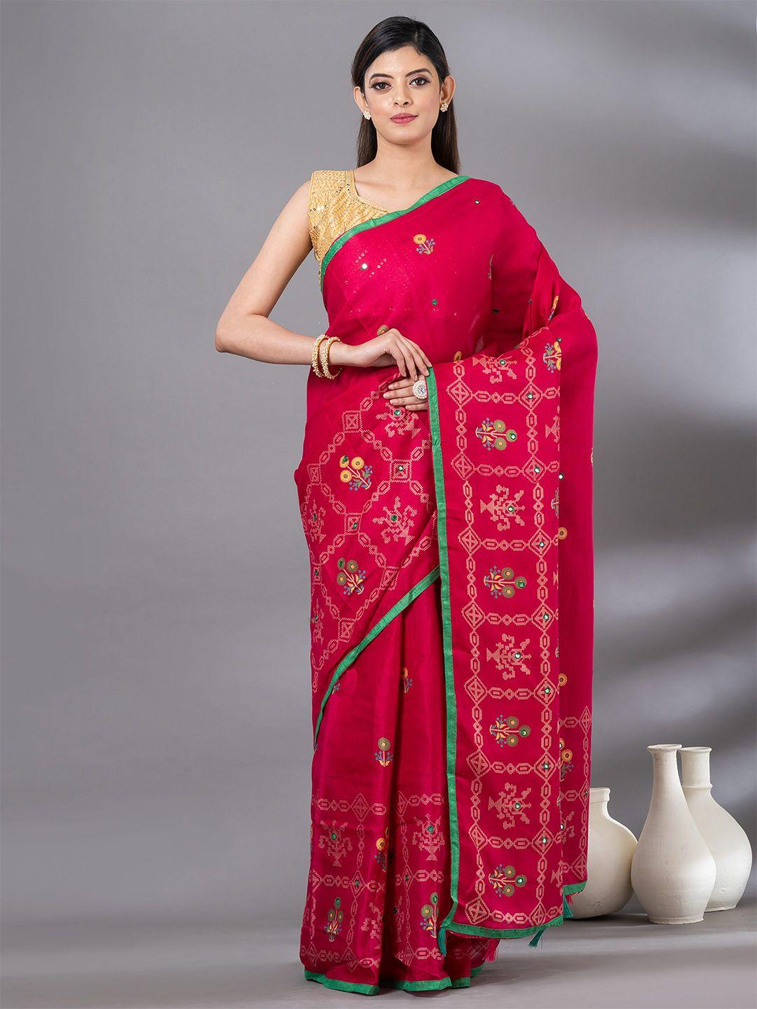 mahalasa maroon floral embroidered jute cotton saree