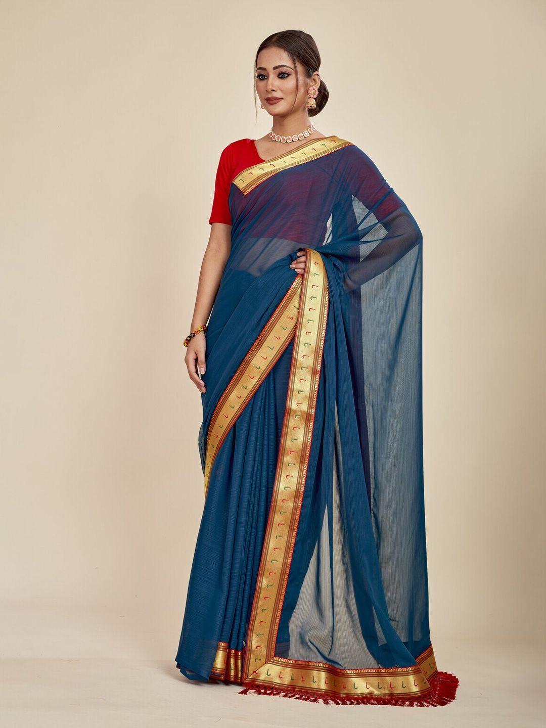 mahalasa navy blue embellished embroidered pure chiffon saree