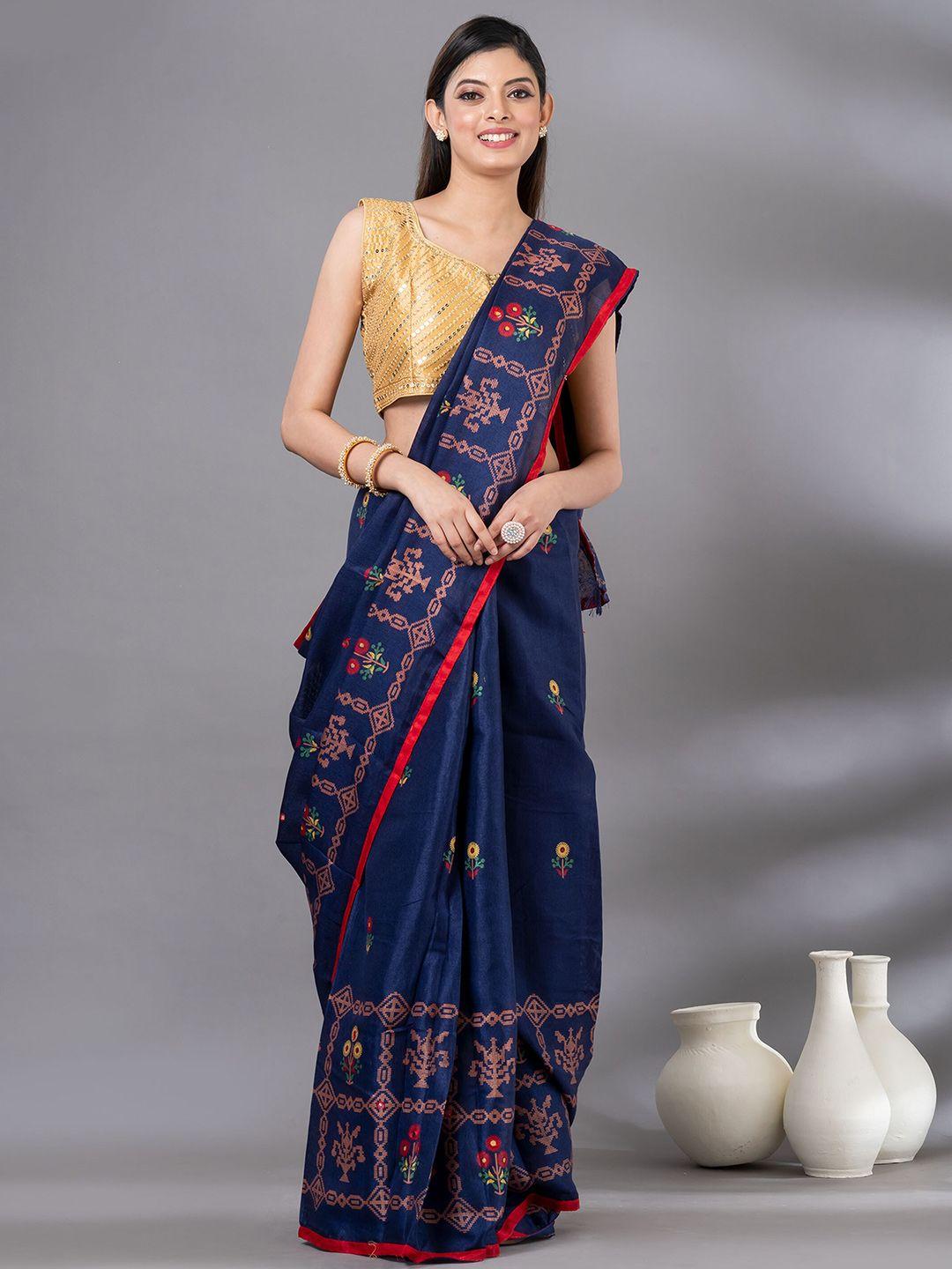 mahalasa navy blue floral embroidered jute cotton saree