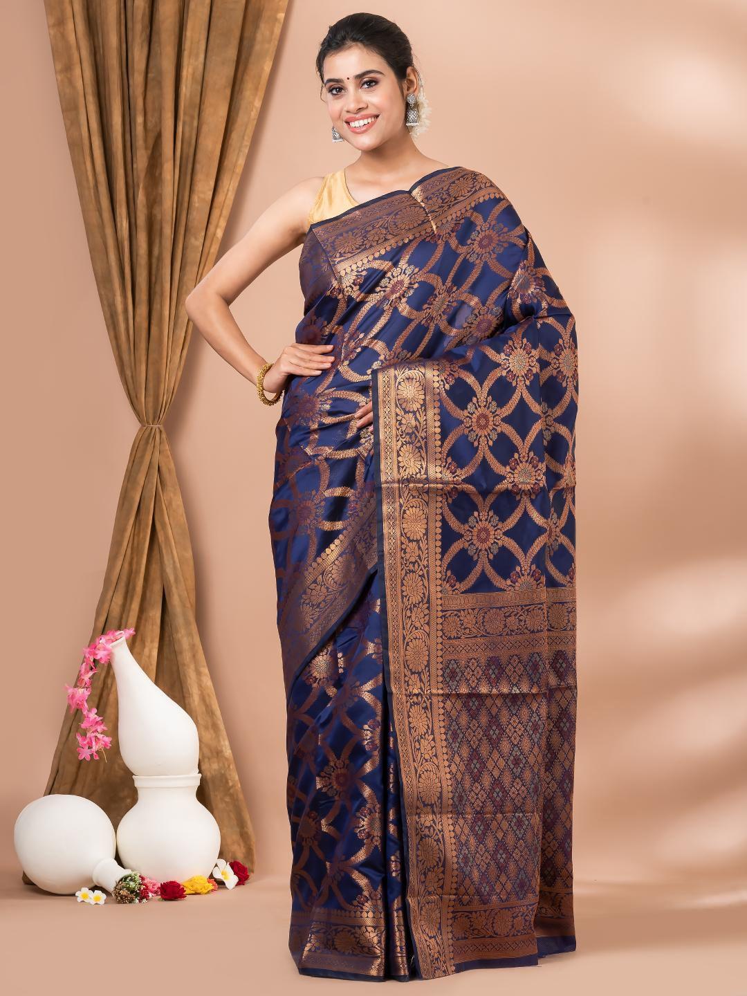 mahalasa navy blue woven design silk cotton saree