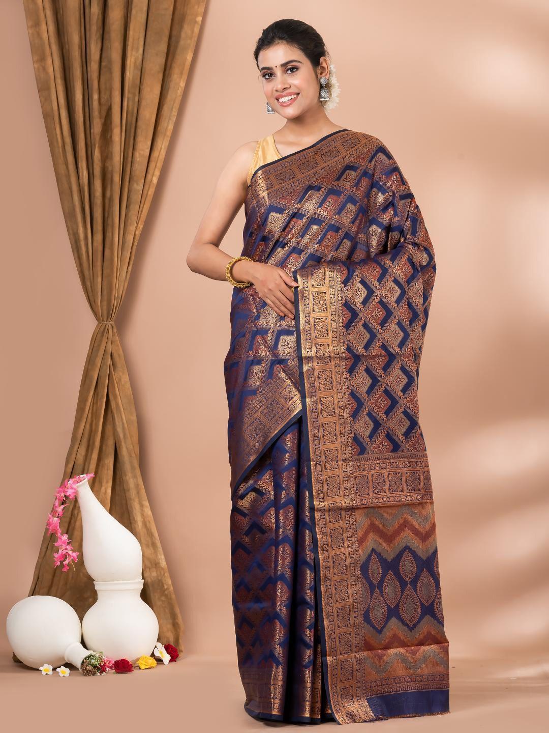 mahalasa navy blue woven design silk cotton saree