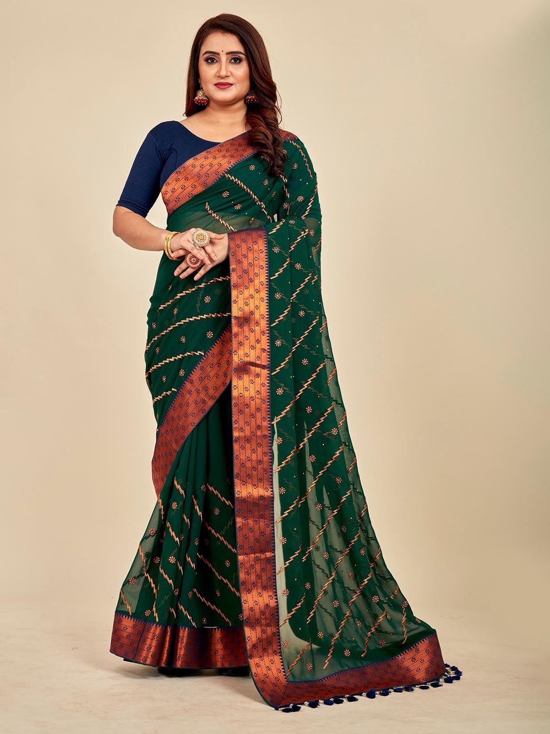 mahalasa olive green embellished embroidered art silk designer saree