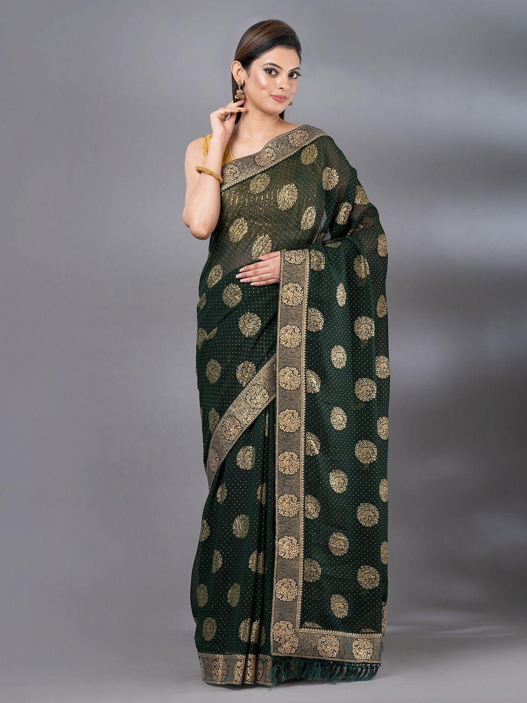 mahalasa olive green embellished embroidered pure chiffon saree