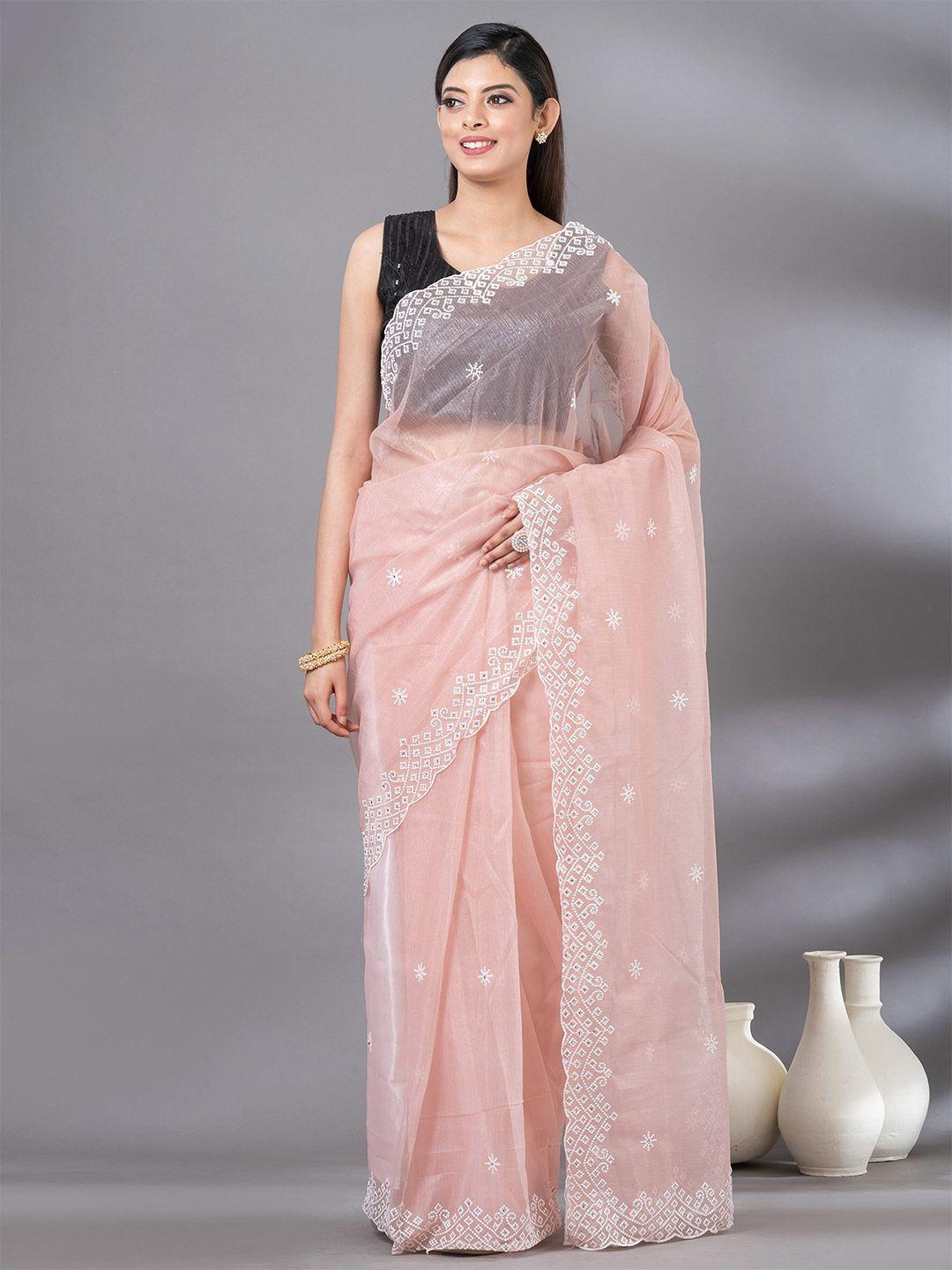 mahalasa peach-coloured ethnic motifs embroidered tissue saree