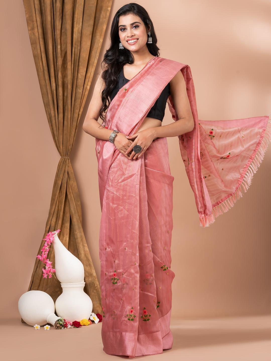 mahalasa peach-coloured floral embroidered silk blend saree
