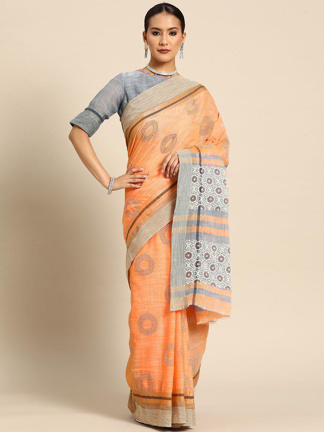 mahalasa peach-coloured pure linen saree