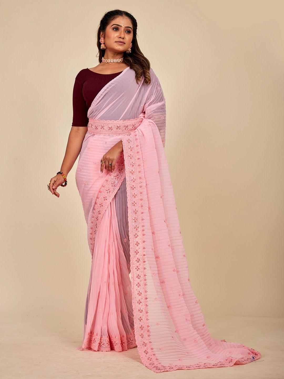 mahalasa pink embellished embroidered poly chiffon designer saree