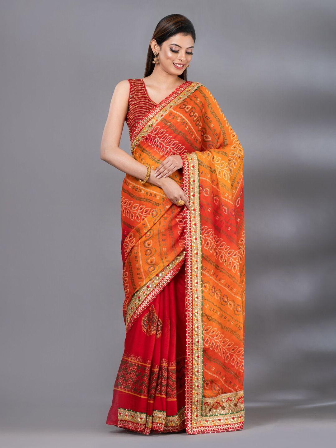 mahalasa red & orange bandhani embroidered art silk bandhani saree