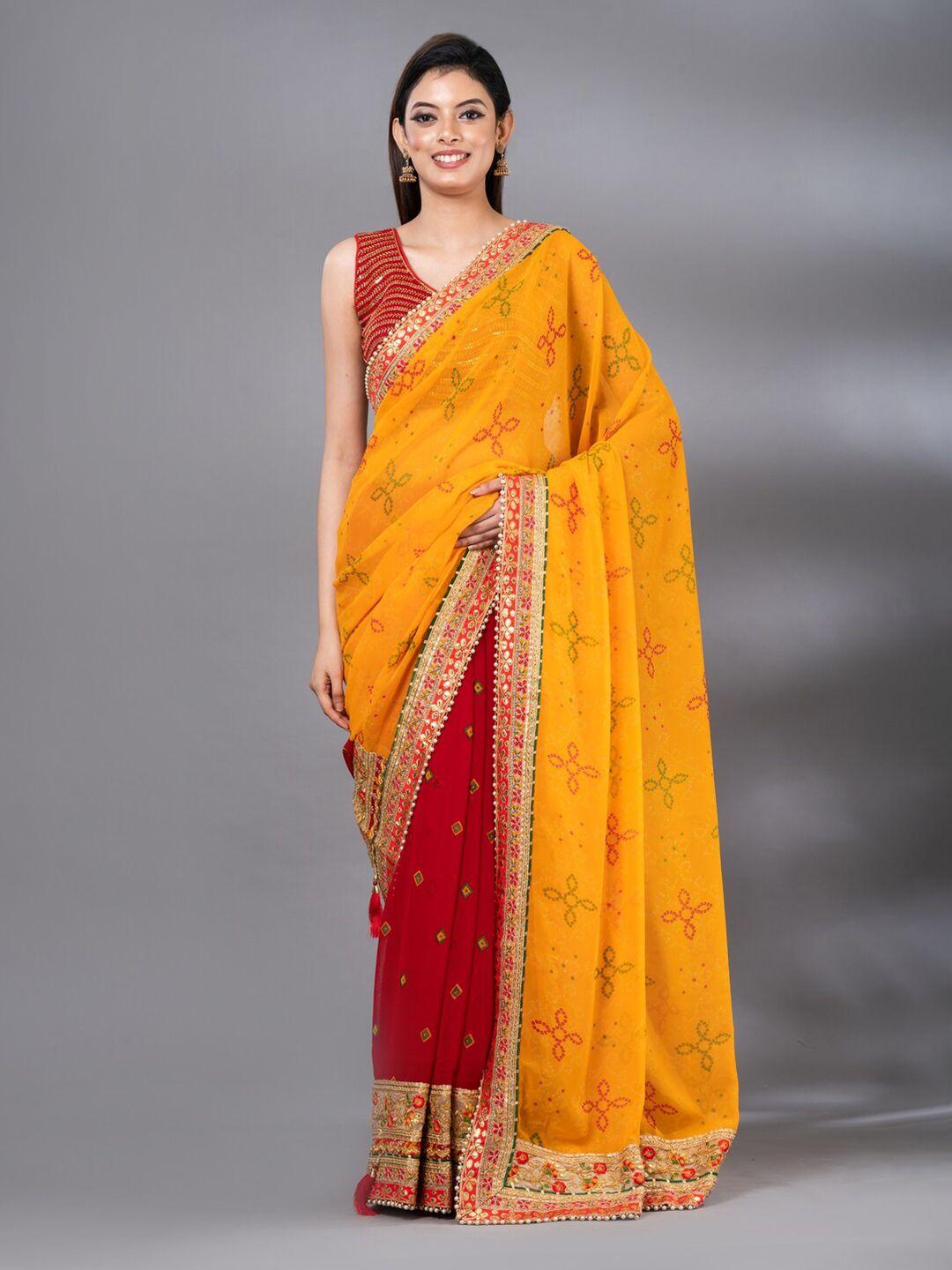 mahalasa red & yellow bandhani embroidered art silk bandhani saree