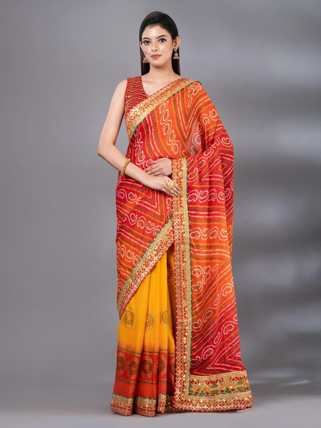 mahalasa red & yellow bandhani embroidered art silk bandhani saree