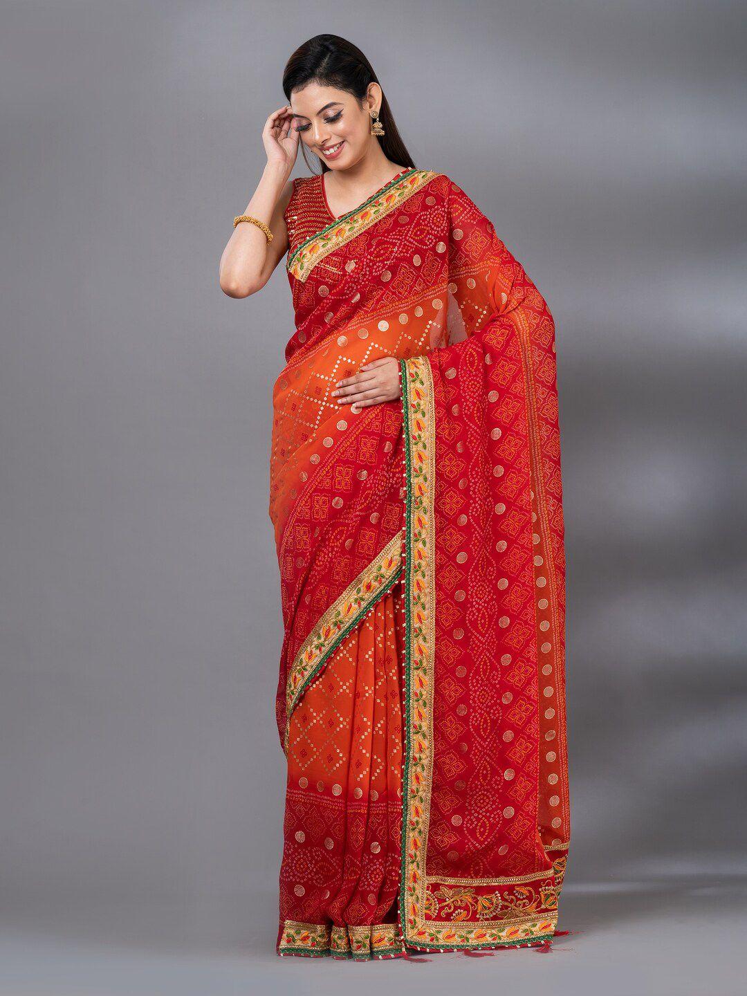 mahalasa red bandhani embroidered art silk bandhani saree