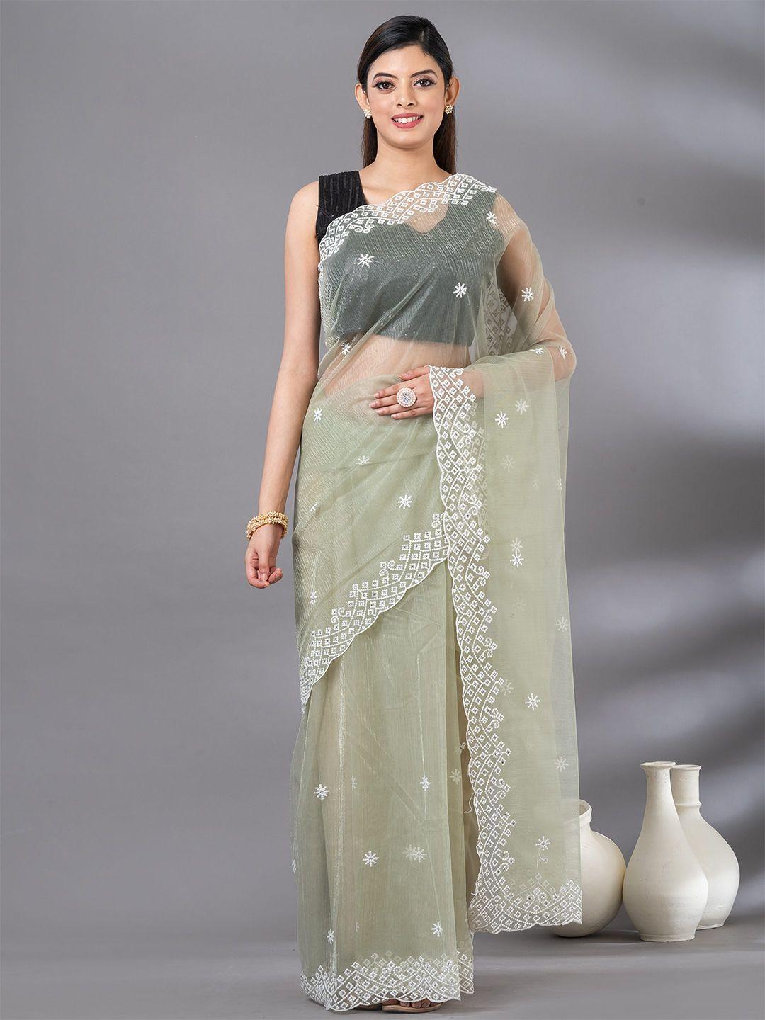 mahalasa sea green ethnic motifs embroidered tissue saree