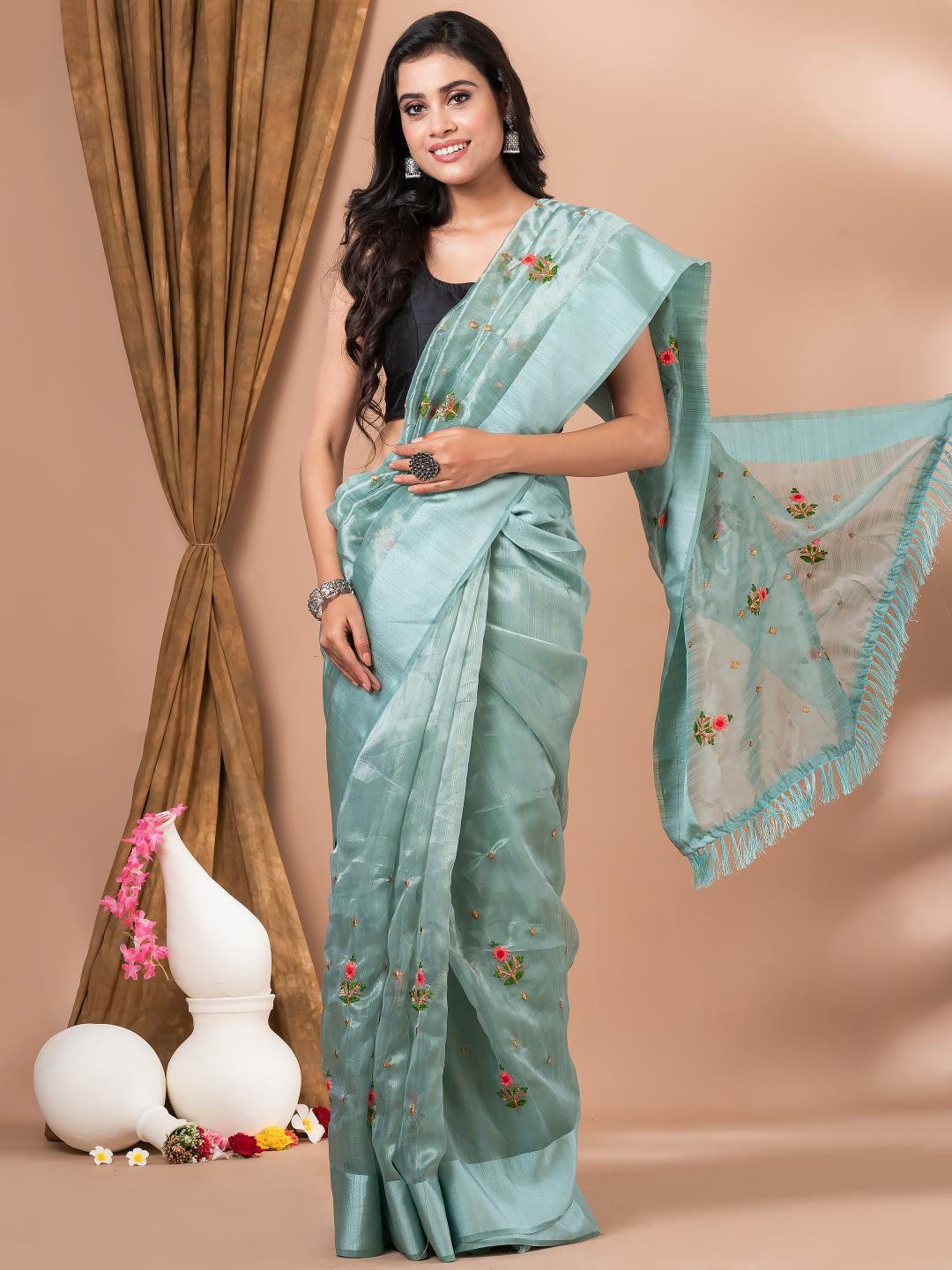 mahalasa sea green floral embroidered silk blend saree