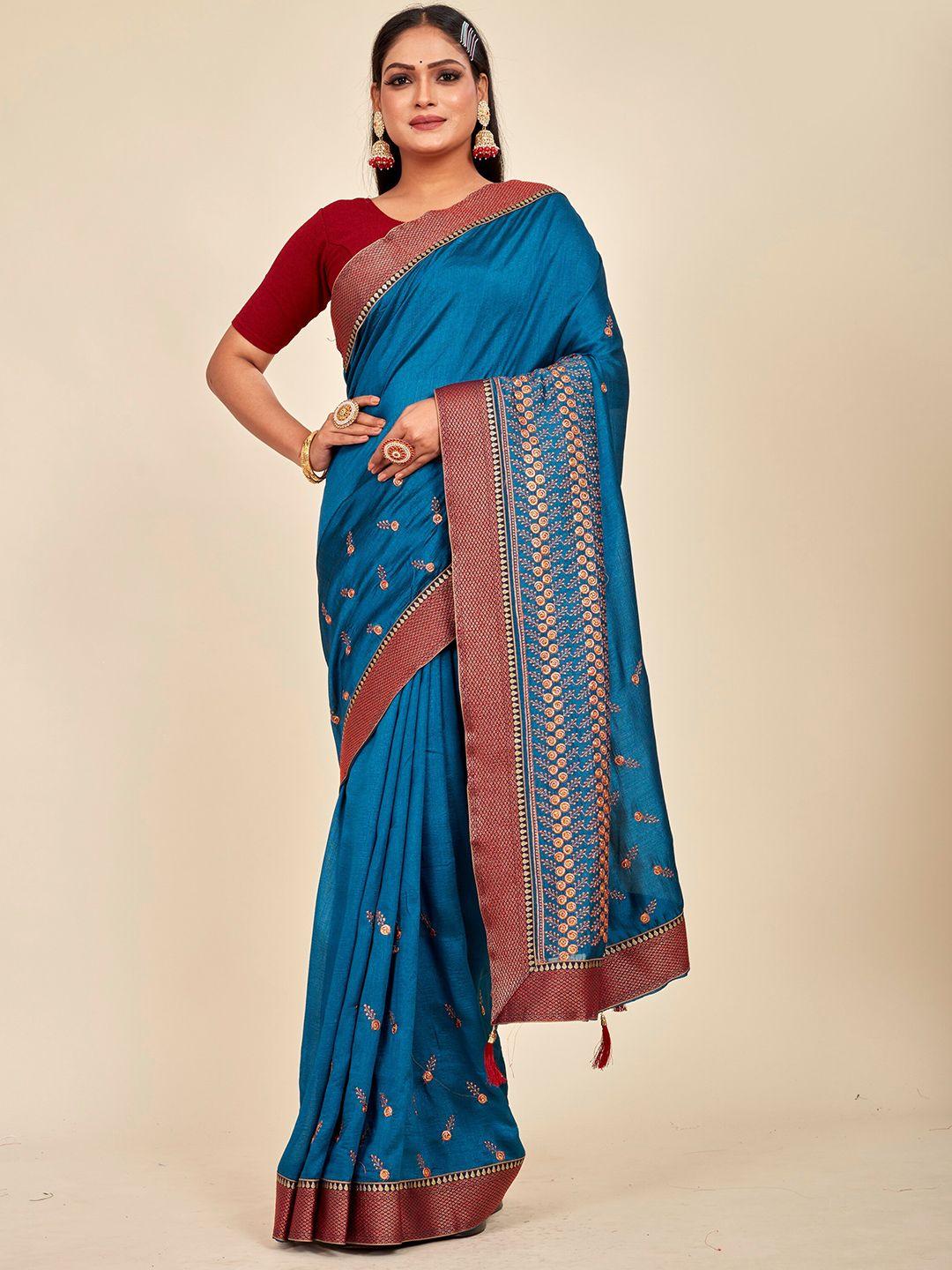 mahalasa teal embellished embroidered art silk saree