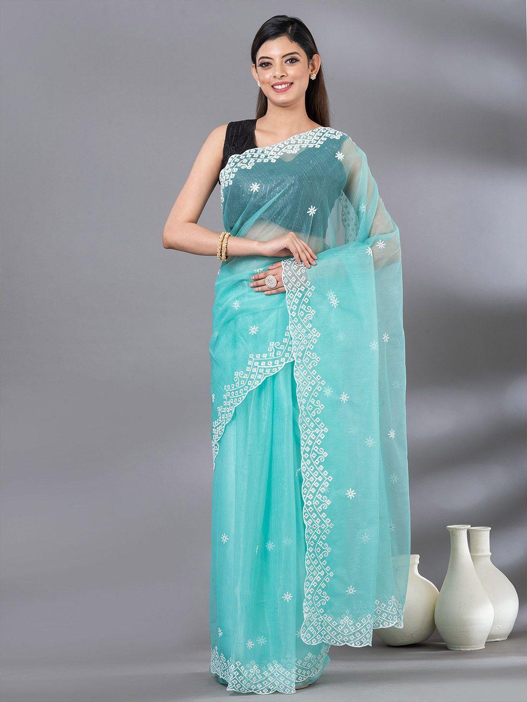 mahalasa turquoise blue ethnic motifs embroidered tissue saree