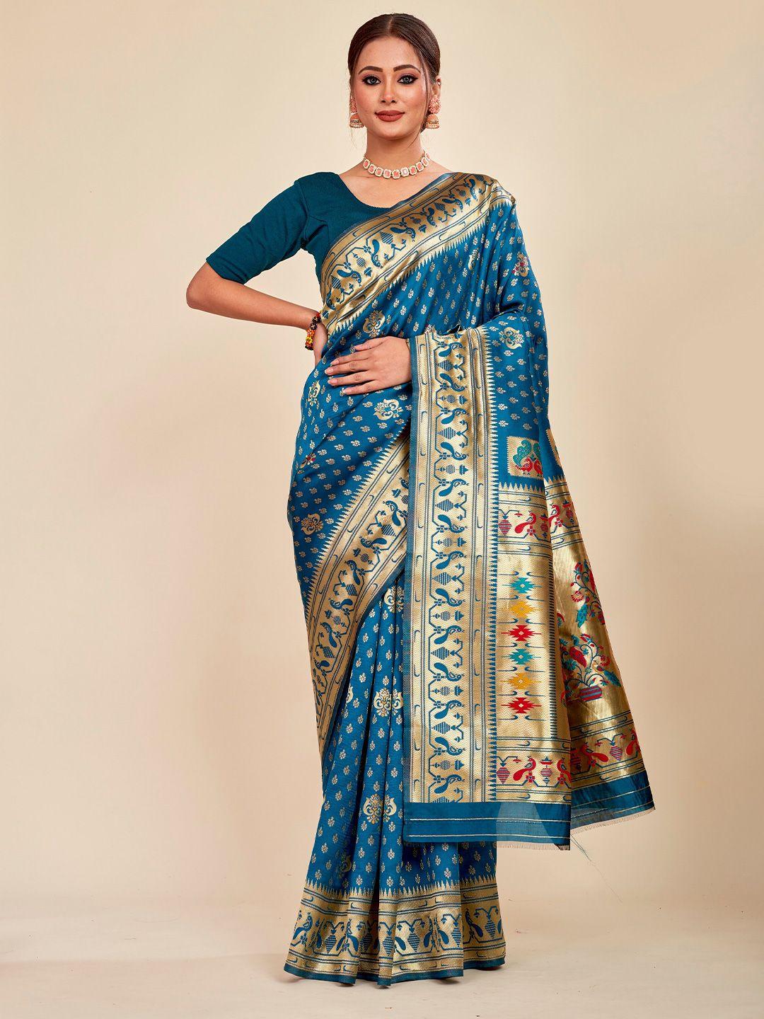 mahalasa turquoise blue woven design embroidered pure cotton saree