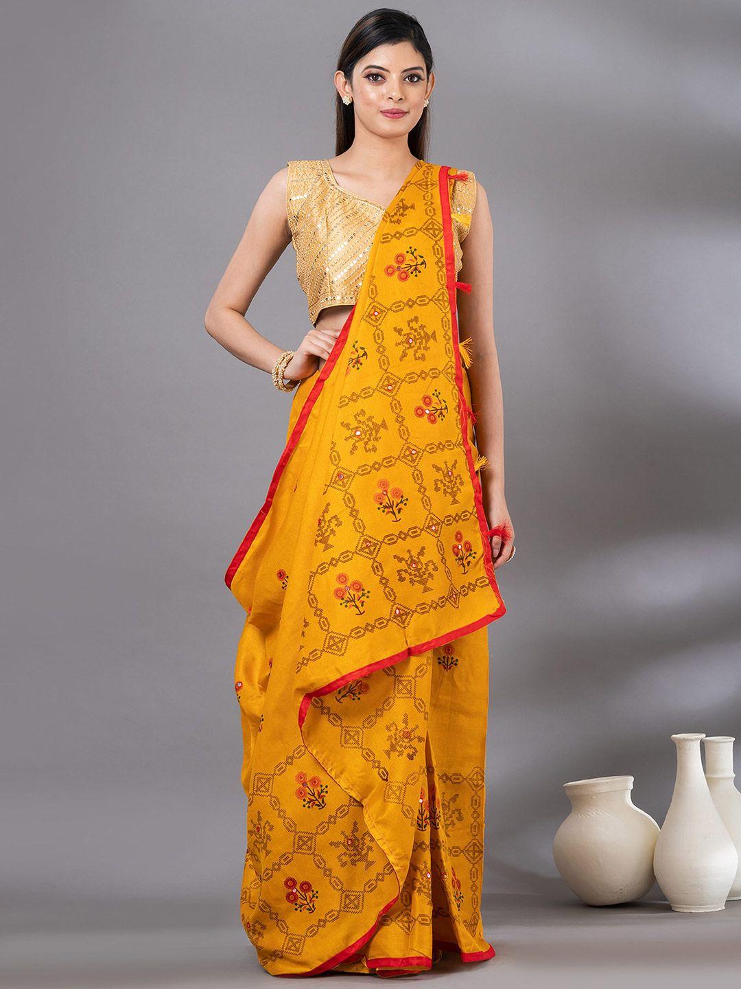 mahalasa yellow floral embroidered jute cotton saree