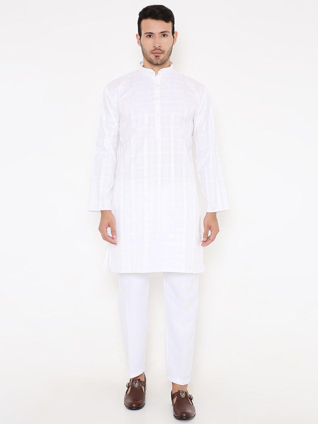 maharaja checked woven design band collar white romance straight kurta with pyjamas