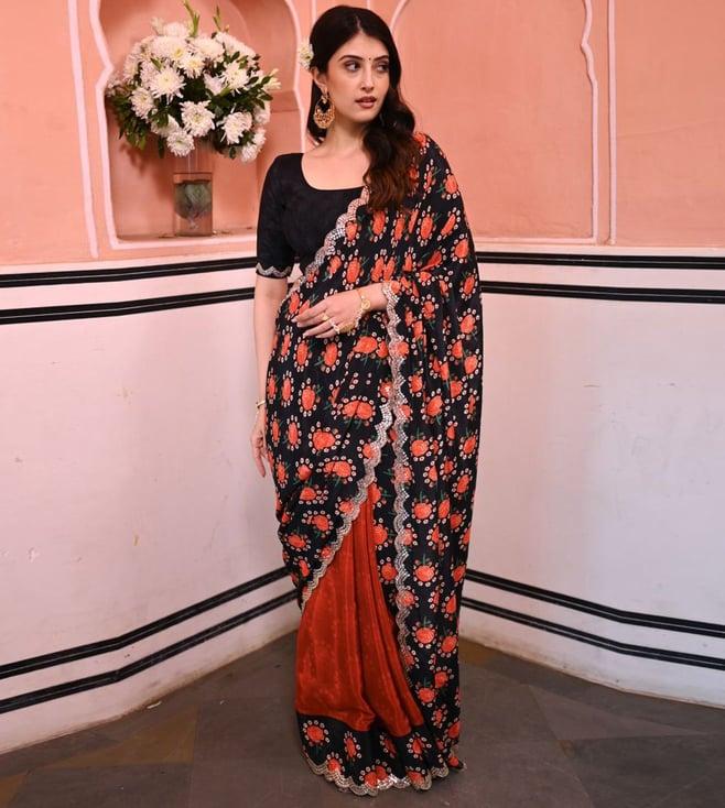 mahee jaipur black & red half and half floral print scallope mirror border pure crepe saree