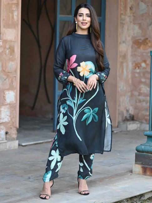 mahee jaipur black bold floral brush print muslin coordinated kurta with pant