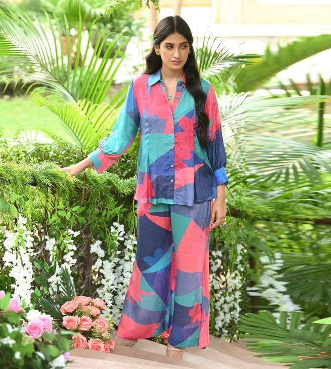 mahee jaipur blue & green blue and green geometric botanic design shirt with pant co-ord set