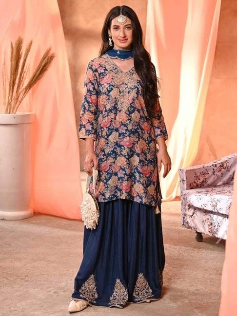 mahee jaipur blue dilkash floral kurta with sharara and marodi work and scallope dupatta