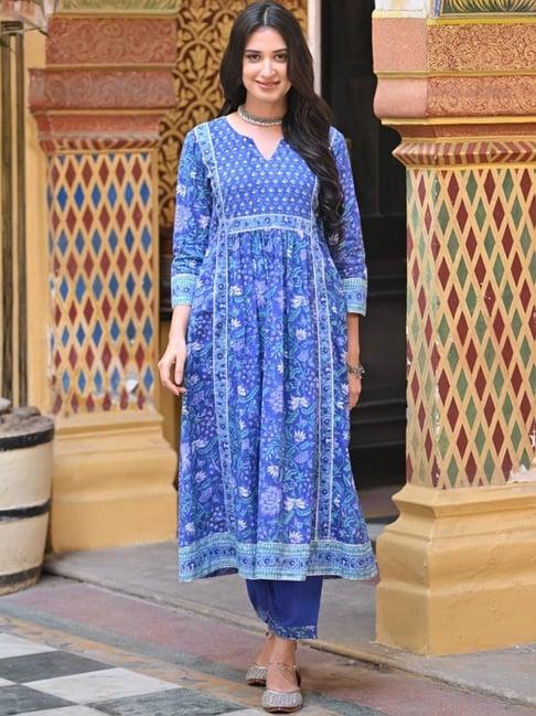 mahee jaipur blue pure hand block print rozana kurta with pant