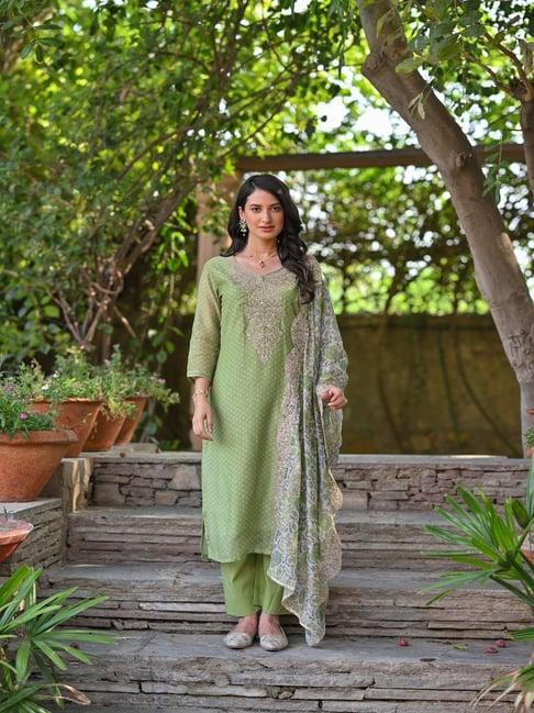 mahee jaipur green zubeida chanderi suit set with scallope dupatta and marodi work