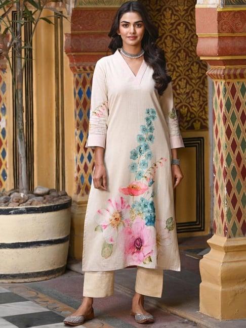 mahee jaipur off-white linen cotton placement hand painted kurta with pant