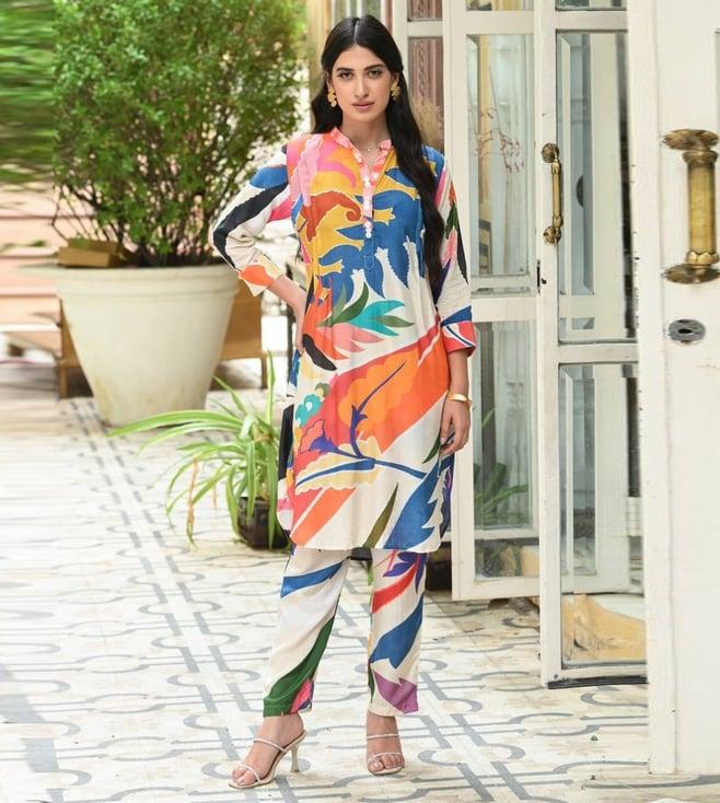 mahee jaipur off white off white leaf print tunic with pant co-ord set