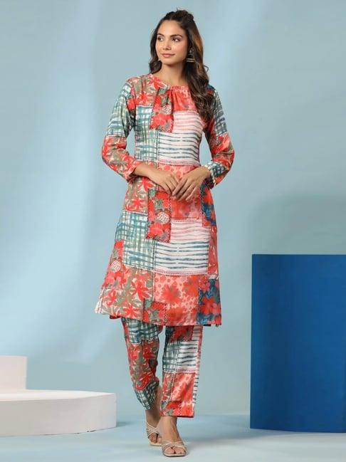 mahee jaipur orange & blue orange and blue abstract print coordinated kurta with pant