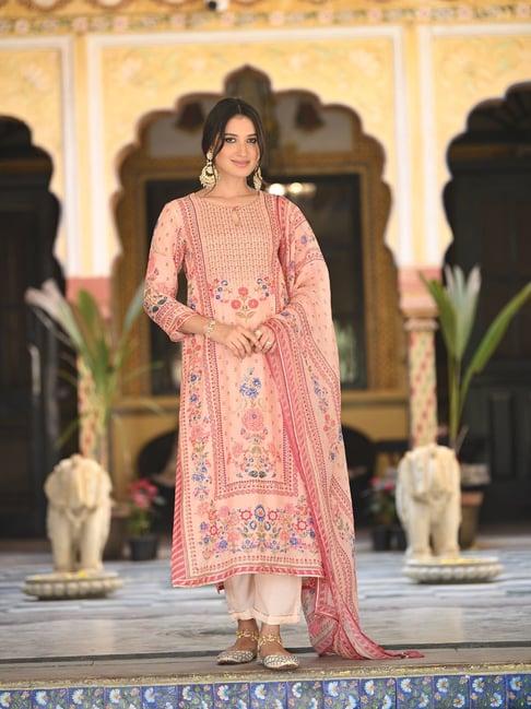 mahee jaipur peach panel print muslin suit set with organza dupatta and spread all over gota work