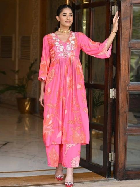 mahee jaipur pink floral print with pearl work kurta and flared palazzo