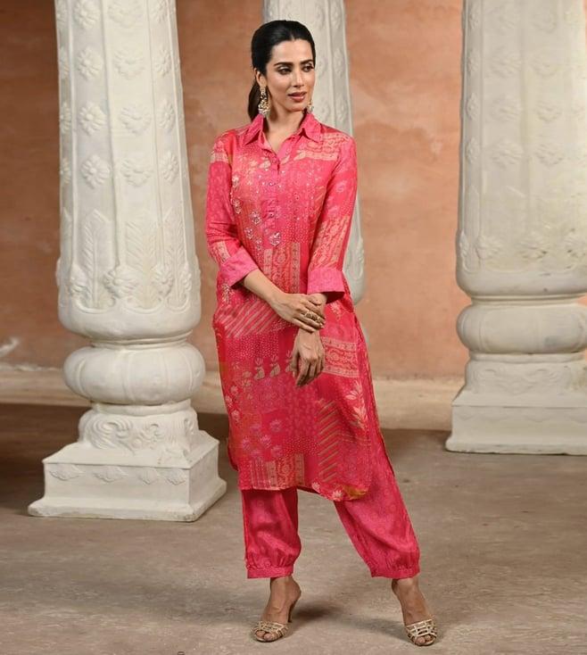 mahee jaipur pink patch block print with spread work kurta and afghani pants
